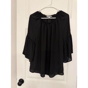 Counterparts Black Chiffon Ruffle Bell Sleeve Blouse L Round Neck